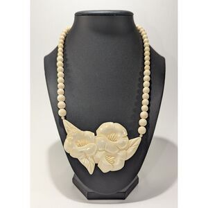 Triple Flower Pendant Beaded Celluloid Necklace